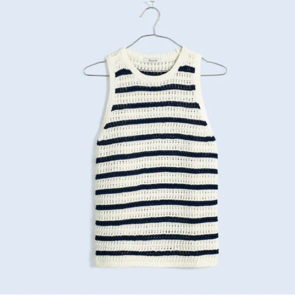 Madewell Crochet-Knit Crewneck Sweater Tank in Ivory and Navy Size XXS